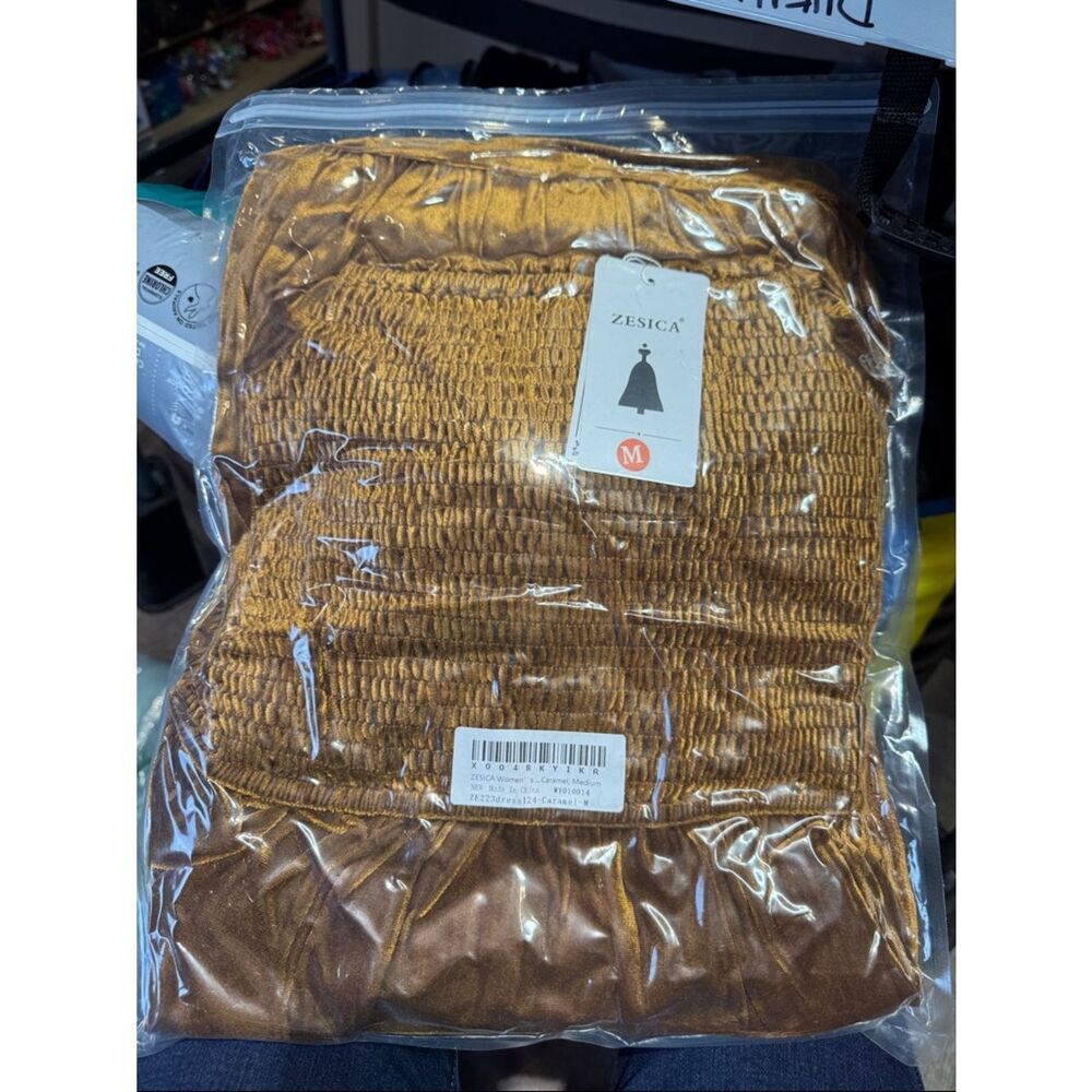 NWT SZ Med Smocked Velvet Tiered Maxi Dress in Mustard - Picture 5 of 5